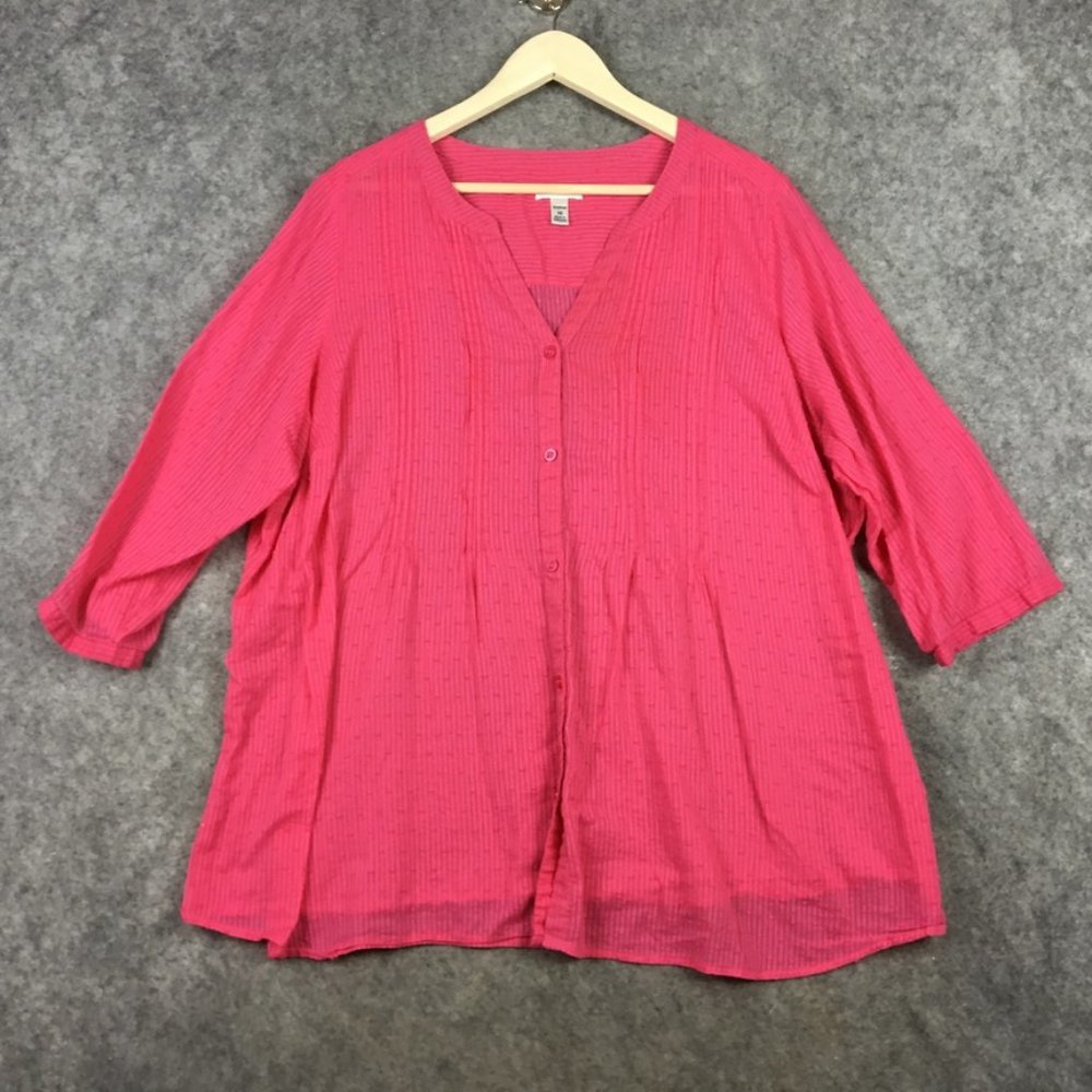Croft Barrow Top 3X Pink V Neck Buttons Pintuck Pleats Swiss Dot Career Casual